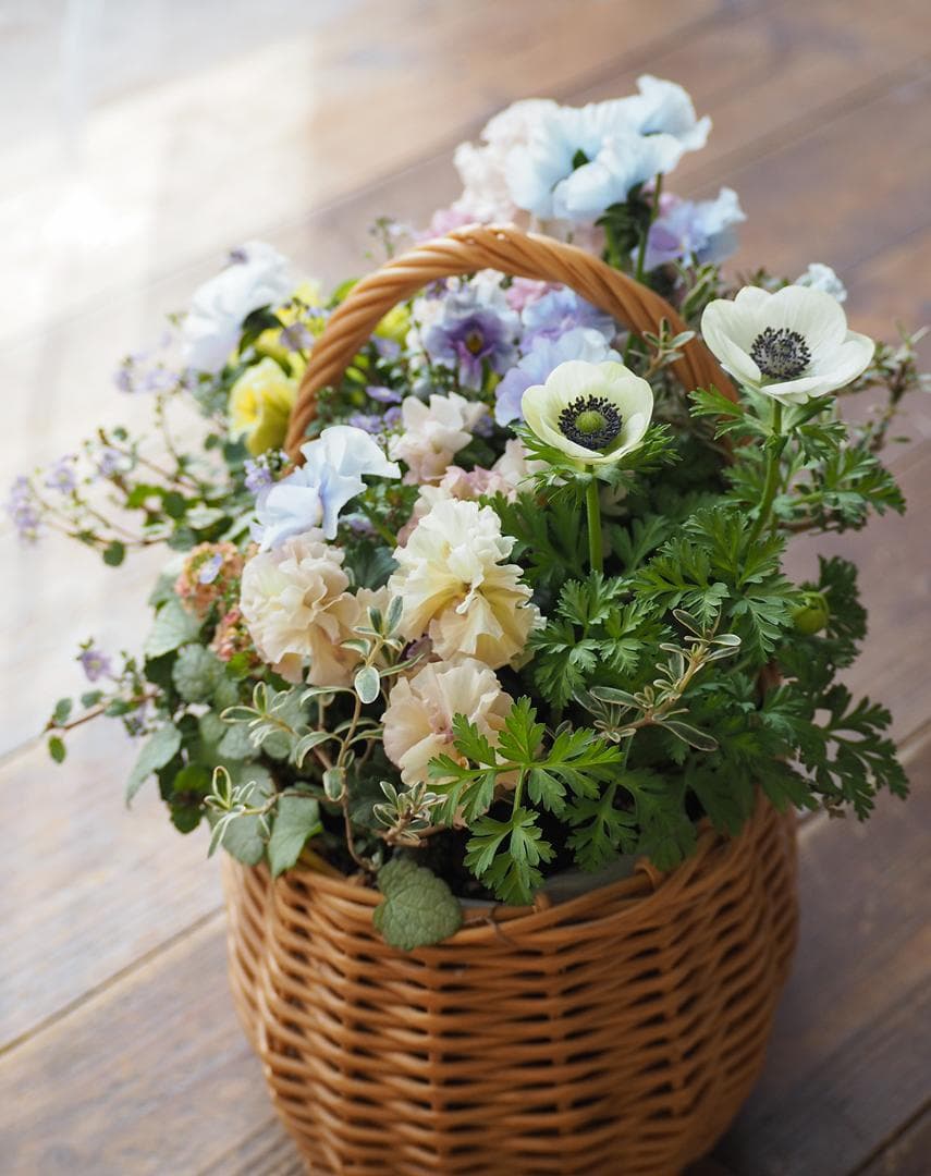 オーバルバスケットのパステルカラー寄せ植え