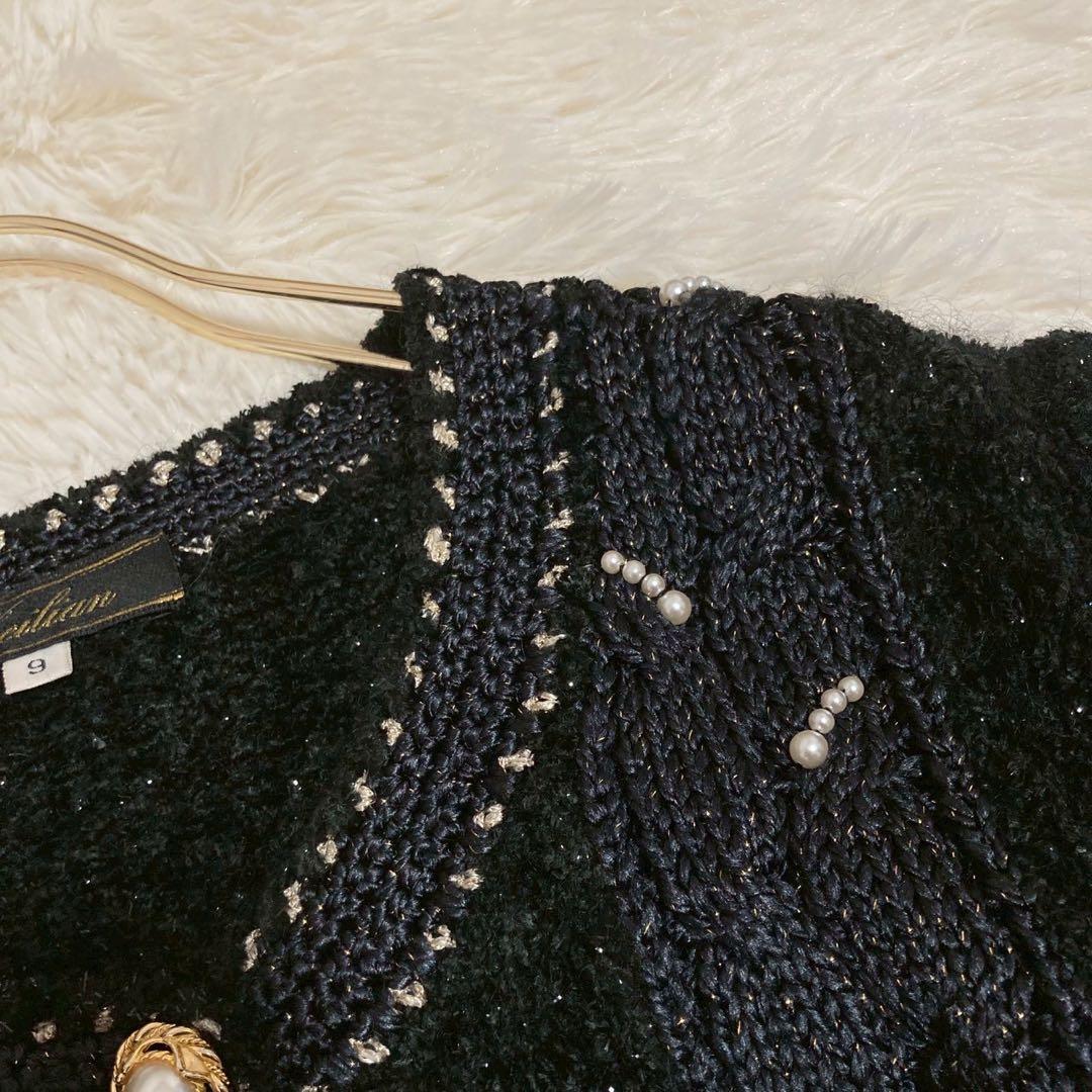 《良品》Leilian パール付きニットカーディガン ブラック 9号 フォーマル