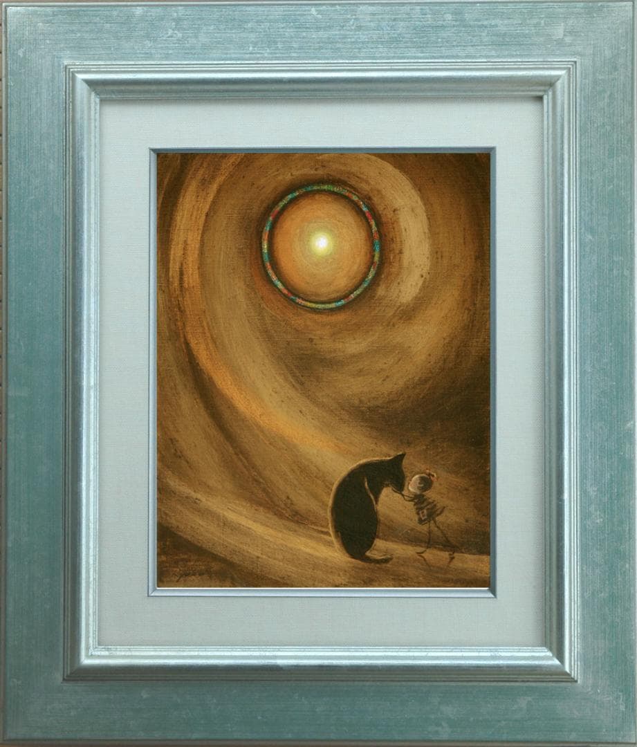 油絵 菅家令子絵 絵画インテリア額付(淡い銀青緑)F3-072819子猫犬女の子