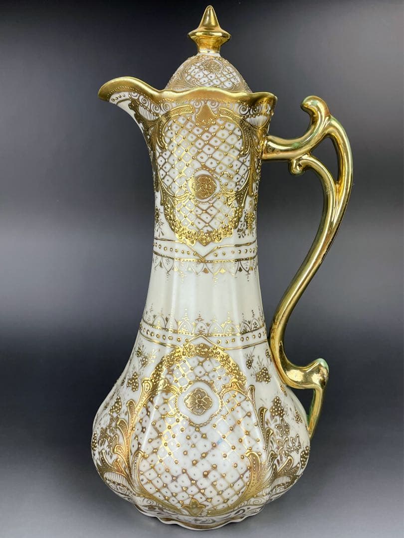 【大型31cm】オールドニッポン アールヌーボー様式 金盛り チョコレートポット