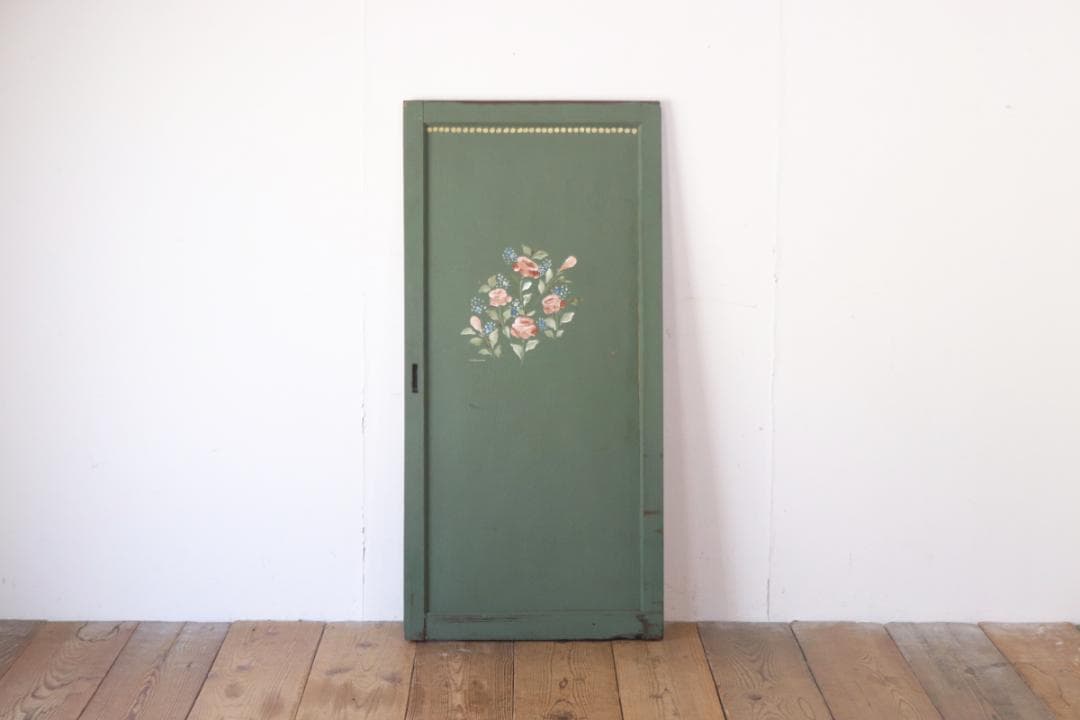 レトロ 建具 扉 引き戸 ドア ペイント 緑 花柄 木製 ヴィンテージ 2