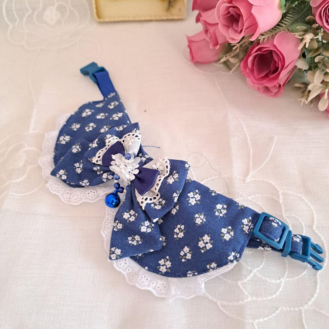 フラワー柄(ネイビー)わんちゃん猫ちゃん用襟付首輪