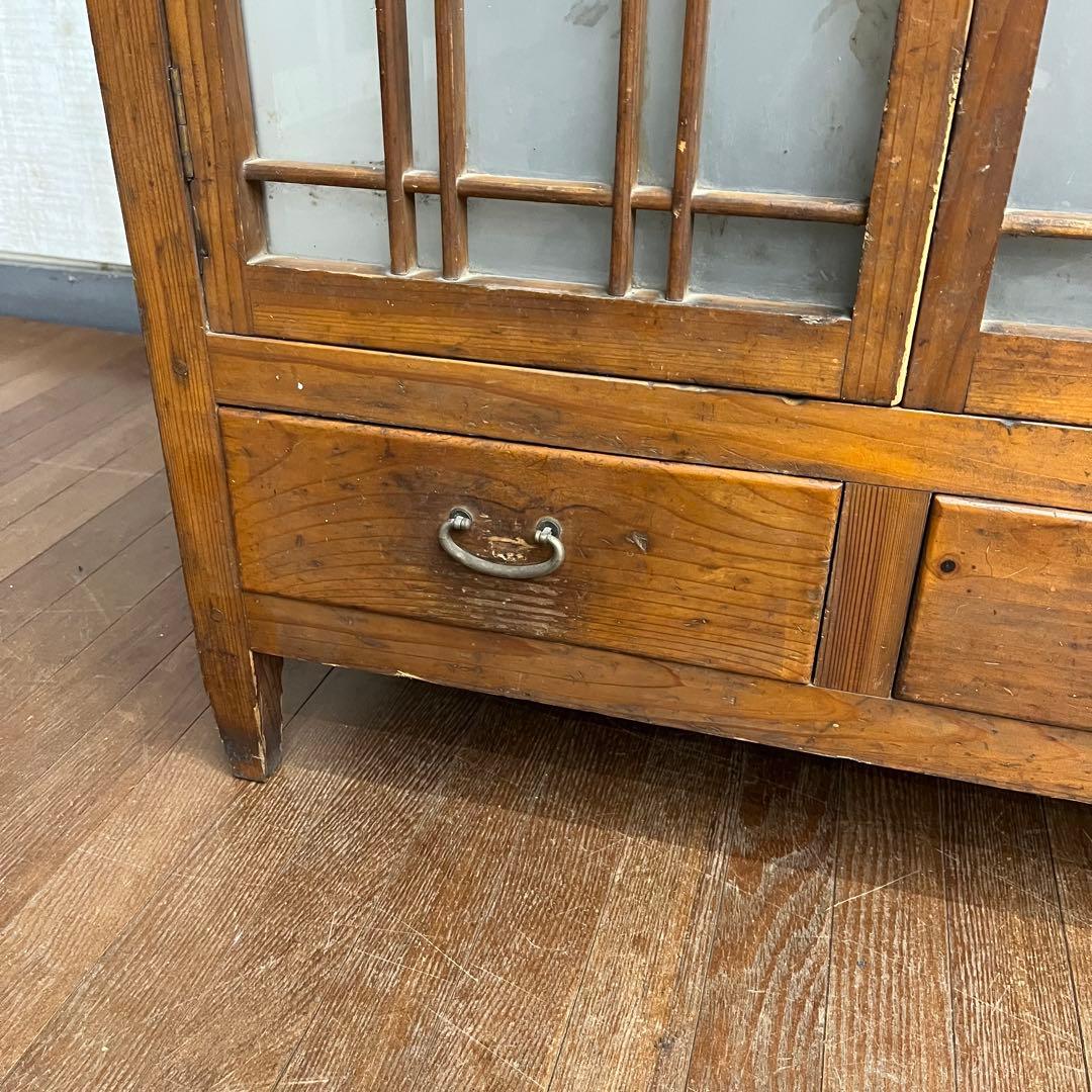 【アンティーク】昭和レトロ ガラス戸棚 食器棚 小引出し キャビネット 古家具