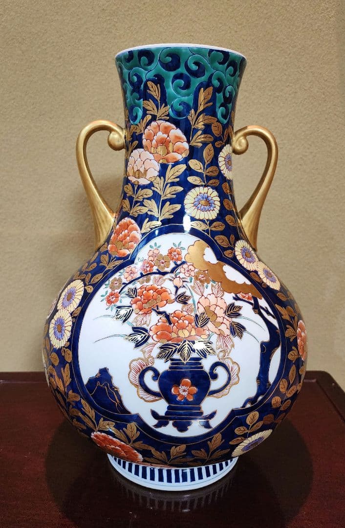 有田焼 大型 花柄陶器花瓶 藤井錦彩 金欄手様式