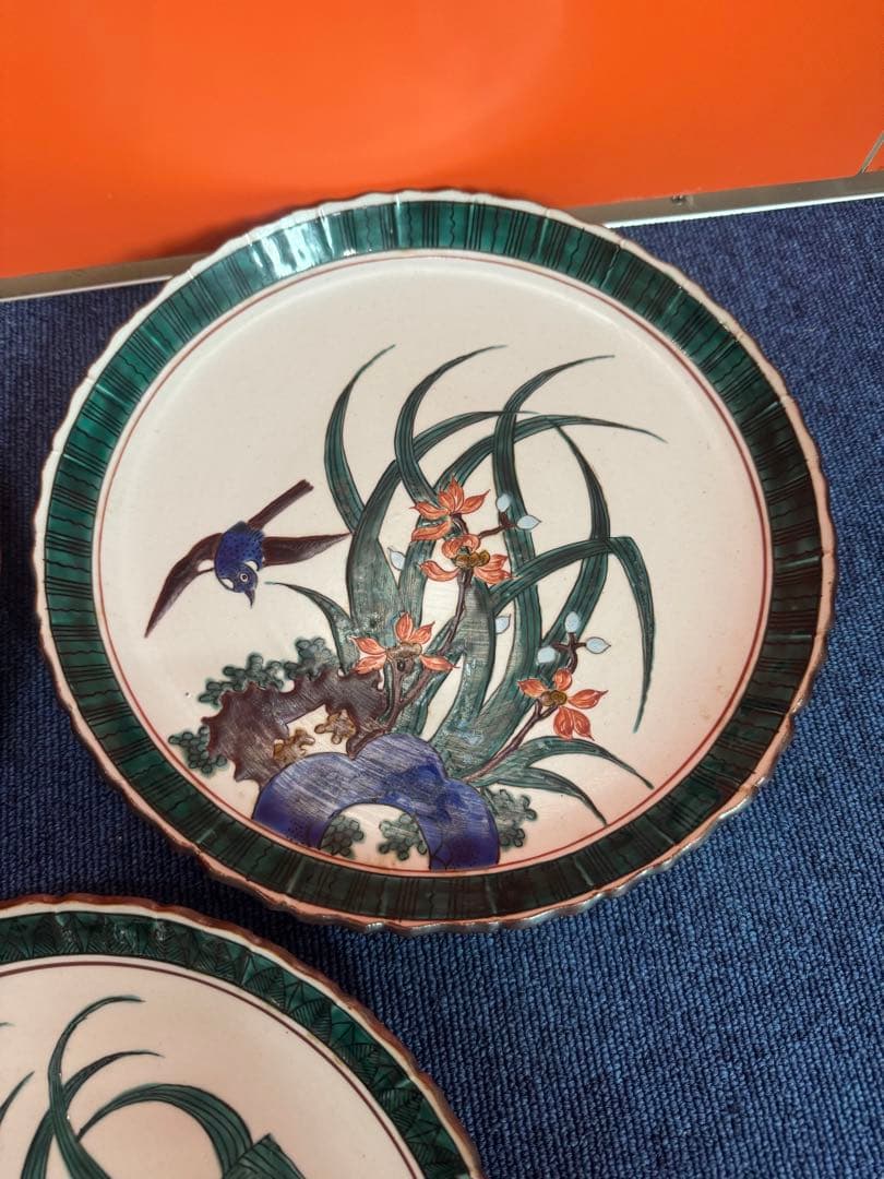 1832  古九谷焼　角福　花鳥皿　3客　25cm 時代物