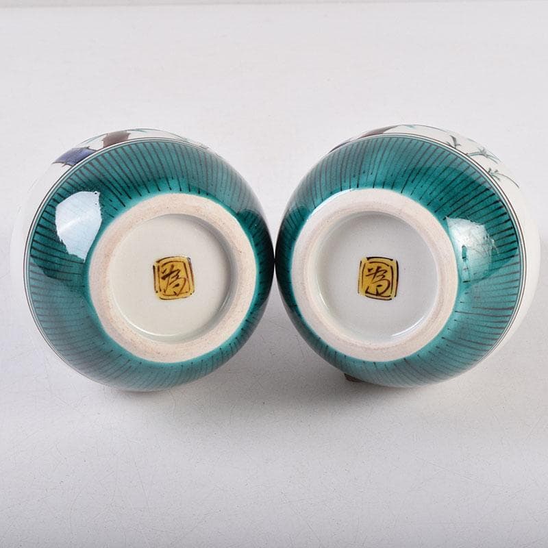 九谷焼　三代三ツ井為吉作　色絵松竹梅文　瓢箪徳利　一對　共箱　C　R8925