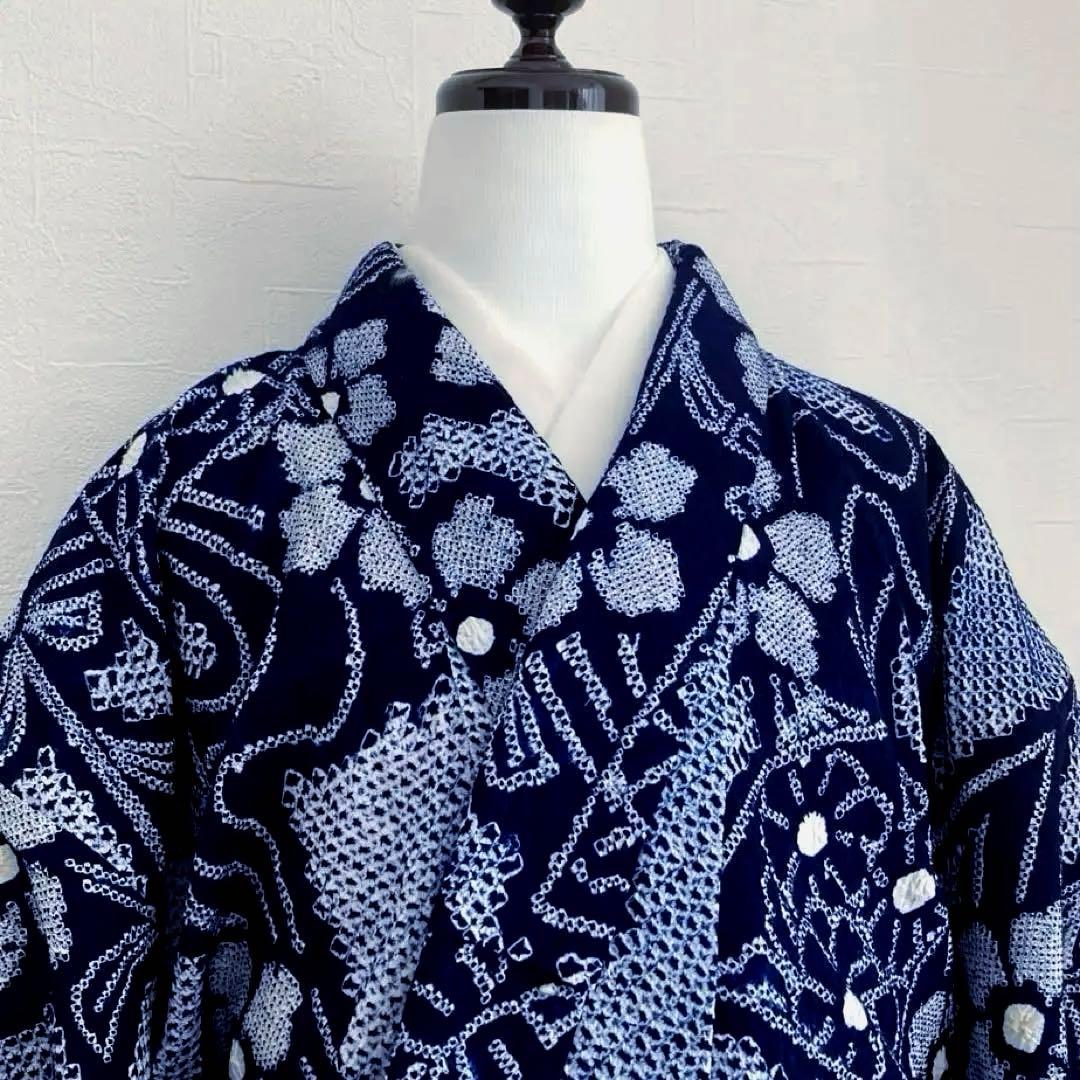 poko 有松絞り・有松鳴海絞り浴衣　手縫い　花繋ぎ　身丈154 No55