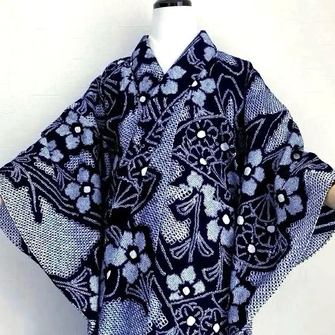 poko 有松絞り・有松鳴海絞り浴衣　手縫い　花繋ぎ　身丈154 No55