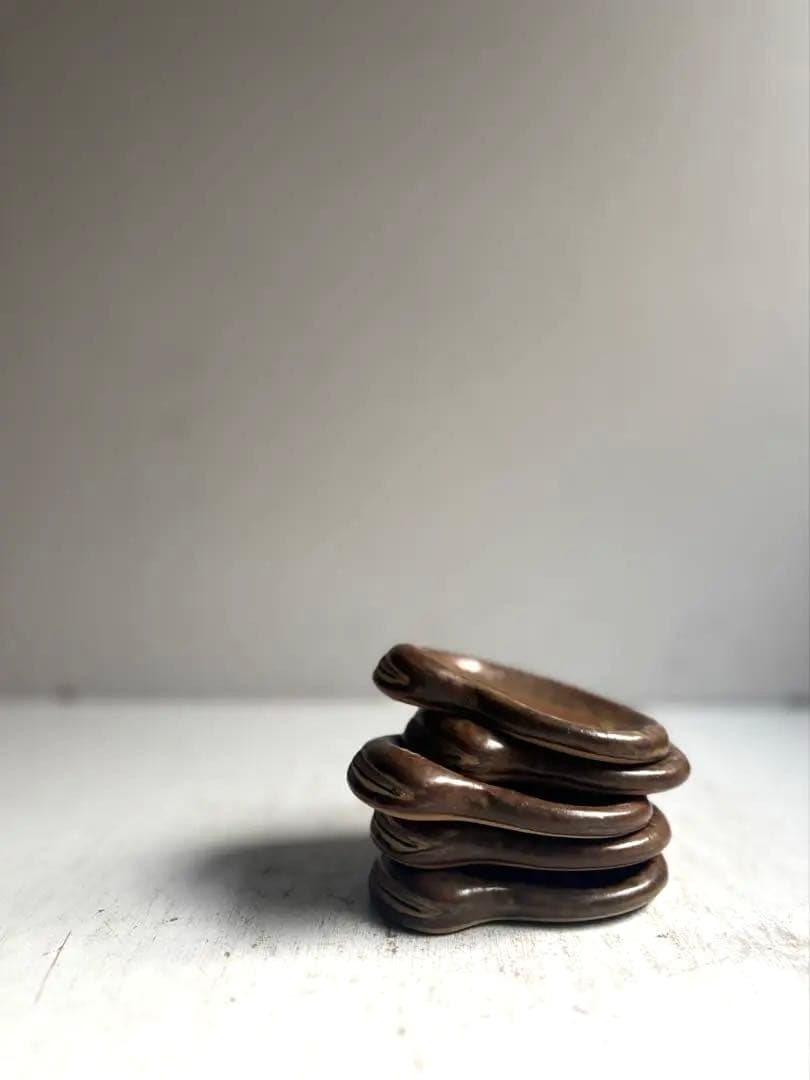 813 民芸 備前焼 作家作品 銘有 ヴィンテージ 豆皿 そら豆型小皿 5枚組