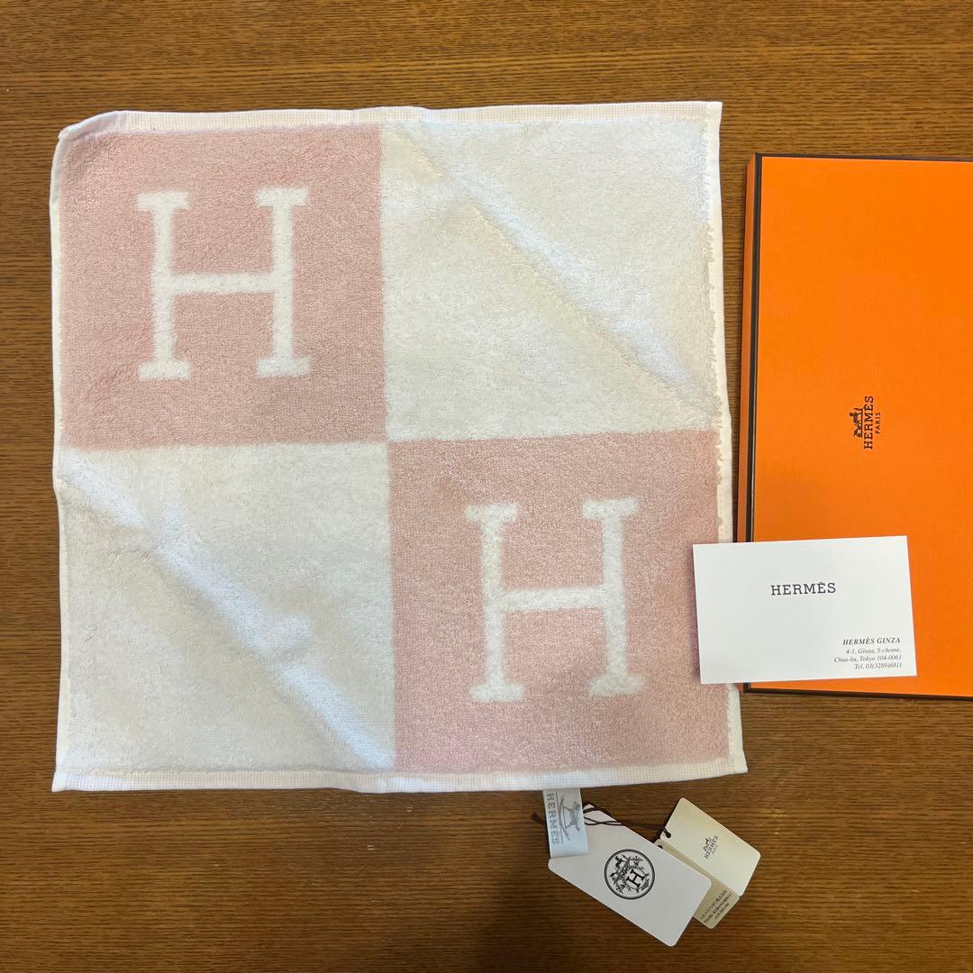 HERMES フェイスタオル Hロゴ ピンク/ホワイト