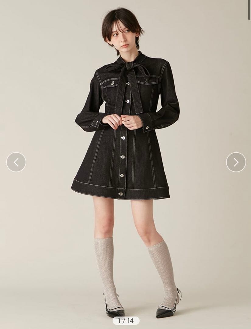 リリーブラウン Lily Brownリボン付きデニムシャツワンピース