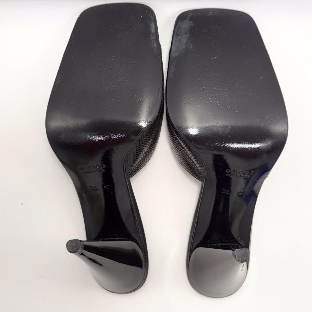 グッチ 未使用級 ミュール サンダル リザード 黒36(約23cm) 靴