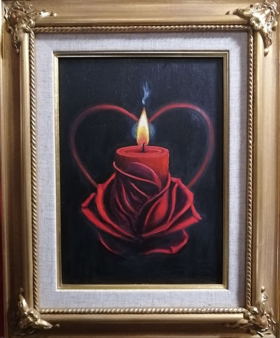 絵画　油絵　額縁　キャンバス　薔薇 ローソク　原画