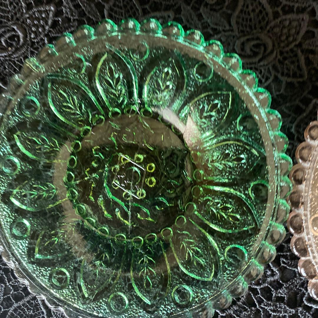 明治末期から大正初期　ミニプレスプレート　ウランガラス 4枚セット