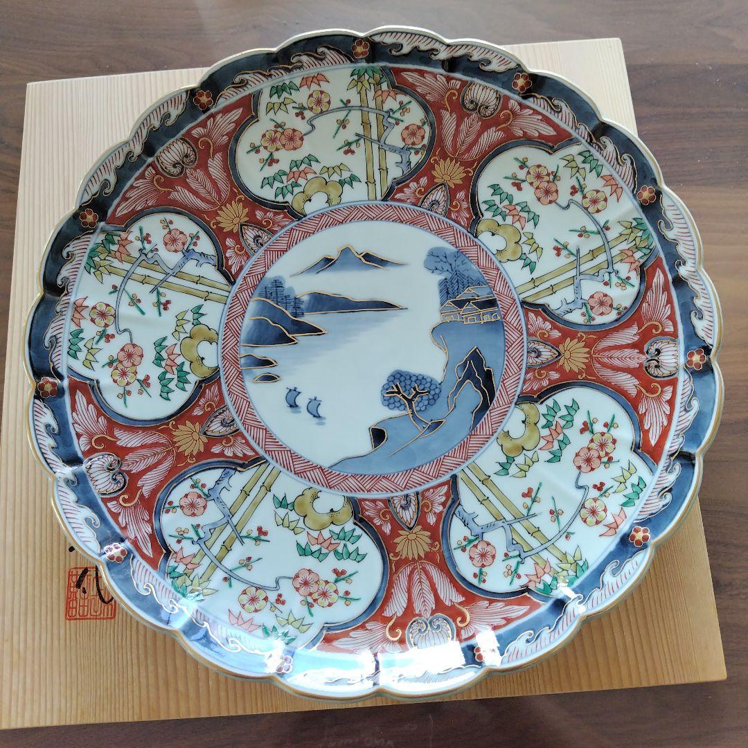 肥前の器青赤花柄波型皿