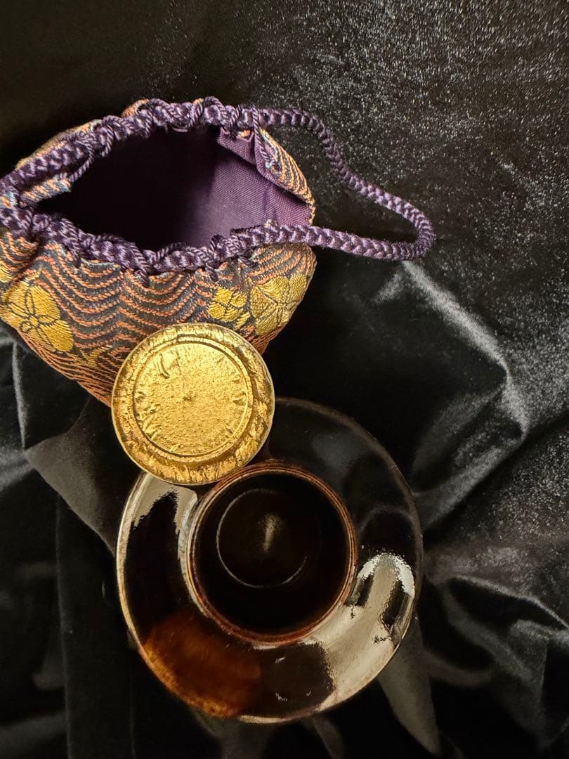 桶谷定一 陶器茶道具 骨董品 茶入れ 茶道具 直径5.5cm×高8cm巾着袋付き