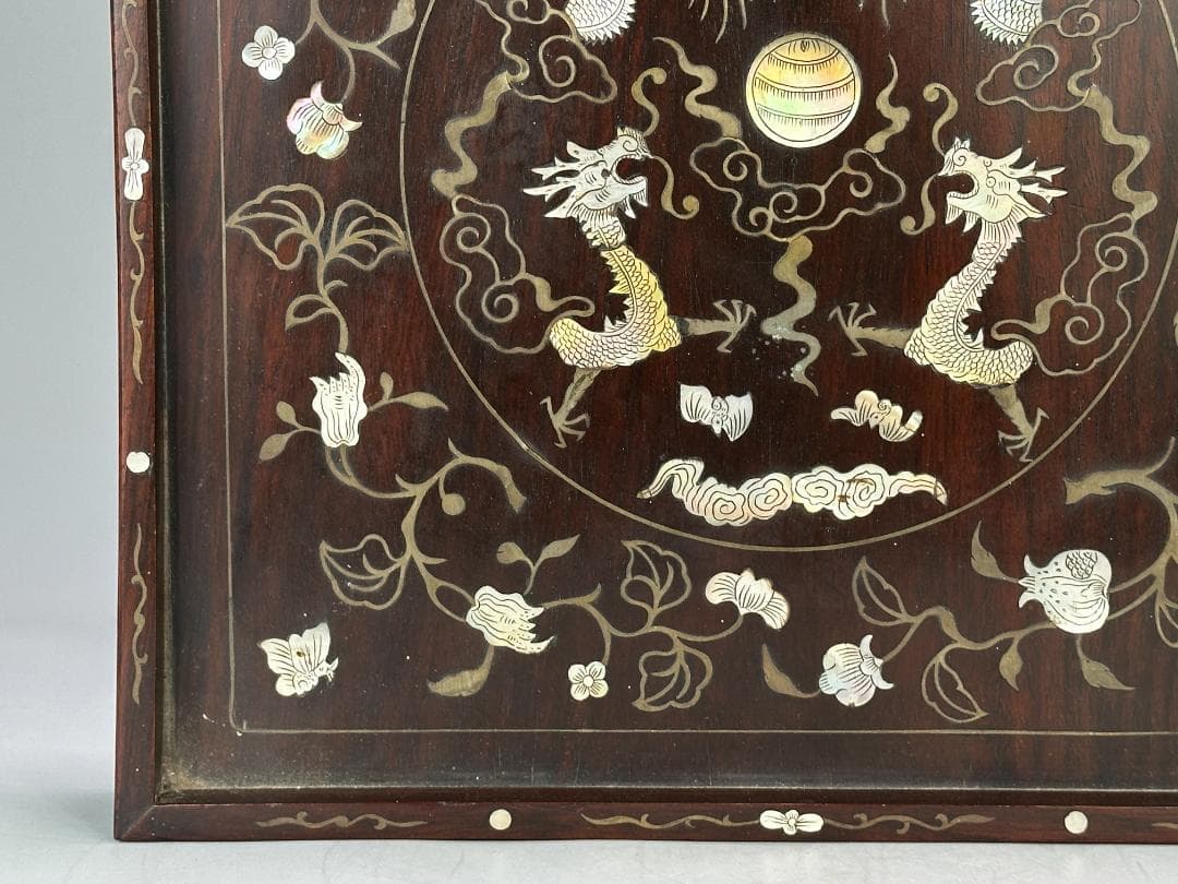 中国美術　清時代 花梨木　螺鈿嵌　双龍文　茶盤　引き出し付　書斎道具　李朝螺鈿