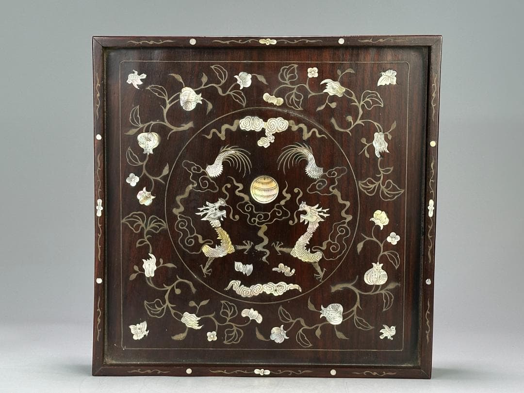 中国美術　清時代 花梨木　螺鈿嵌　双龍文　茶盤　引き出し付　書斎道具　李朝螺鈿