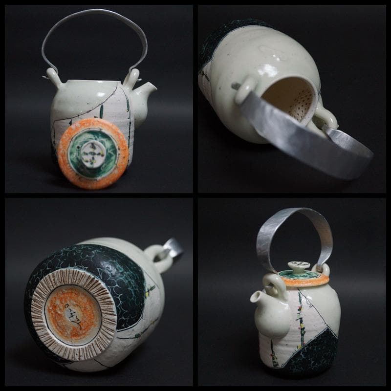 現代陶芸作家 重松康夫造 織部模様創作徳利 酒杯(2客)打出し提手 化粧箱付