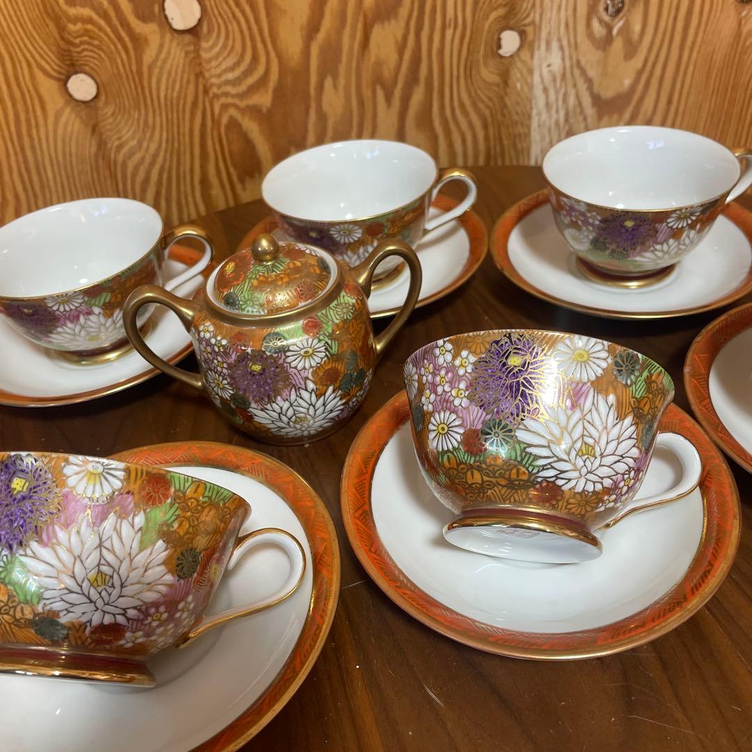 九谷焼 九谷祥隆 花詰 ティーカップ＆ソーサー 6客セット　シュガーポット