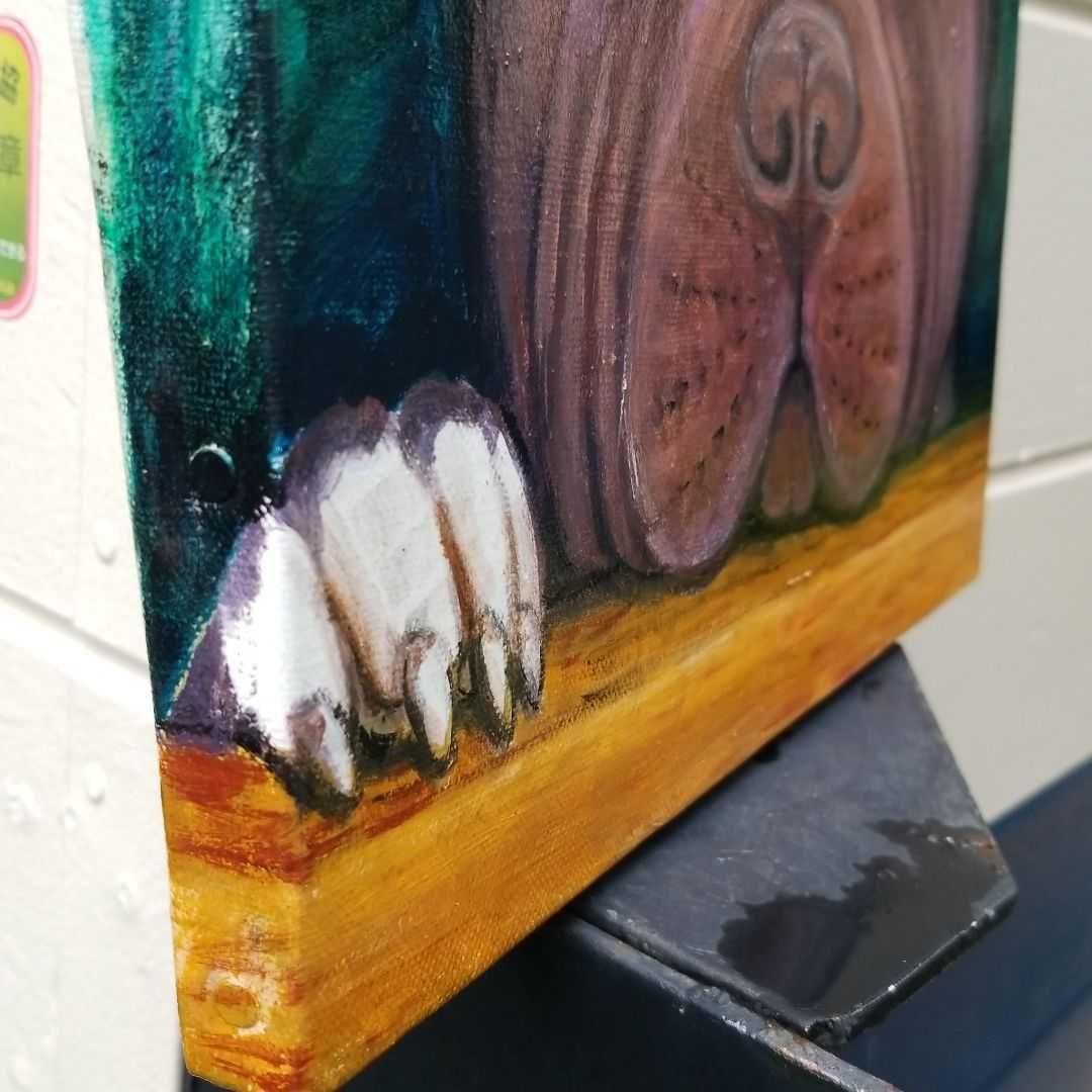 油絵　専用　窓からパパを見送る犬