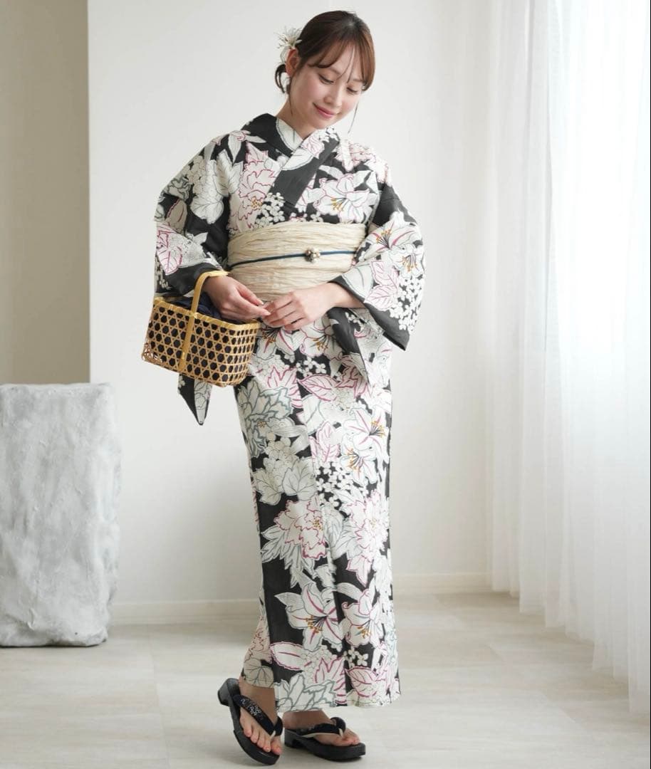 utatane ウタタネ 浴衣 帯 下駄 3点セット ダークネイビー 百合 芍薬