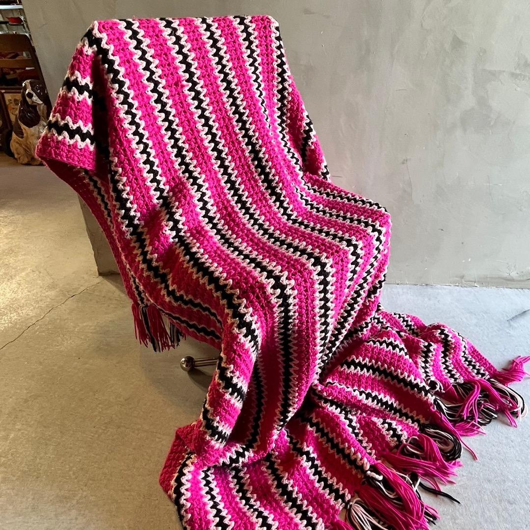 【USA vintage】グラニーブランケット　ピンク×黒　ストライプ