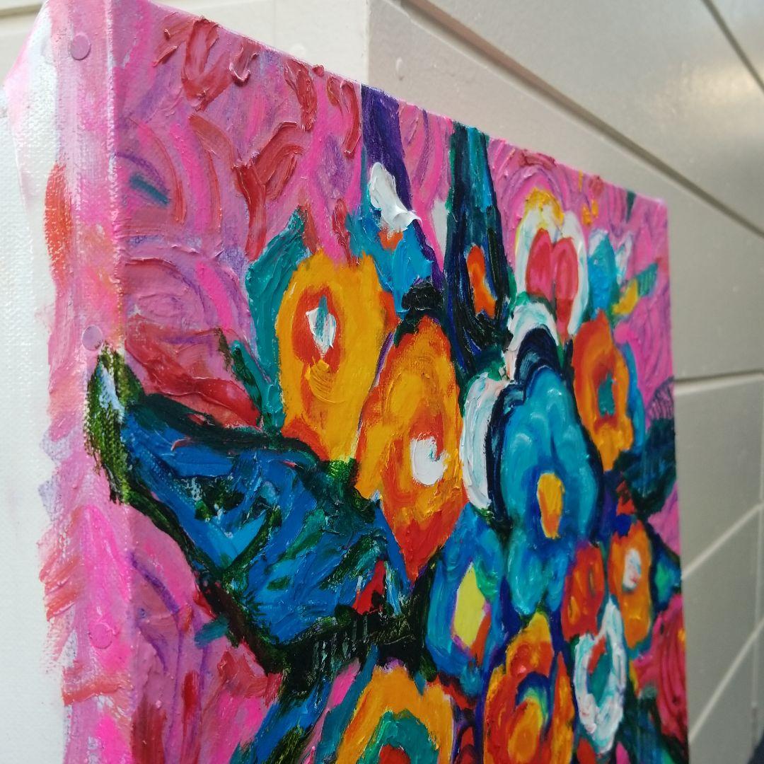 油絵　専用　赤いテーブルに置いた花瓶 　 抽象画