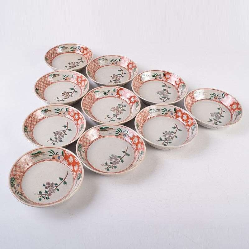 萬古焼　陶華園造　色絵　窓絵　山水人物花文　小皿　十客　共箱　M　R8897