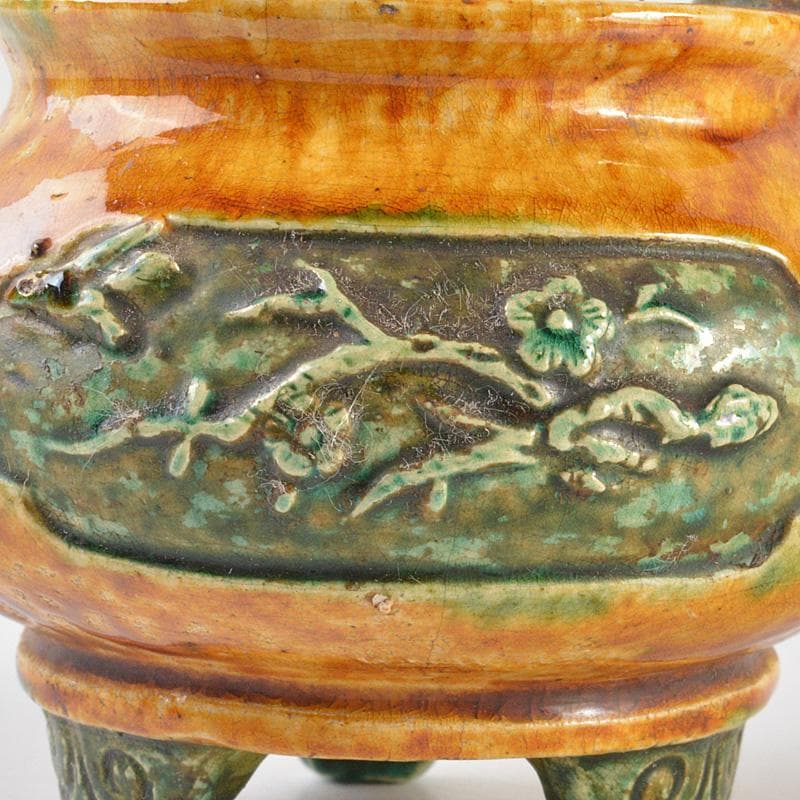 中国　三彩　花文　沖耳爐　三足香炉　時代箱　V　R7159