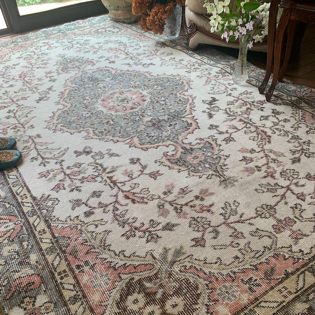 トルコヴィンテージラグ　超大判　272×158 ペールピンク　モスグレーグリーン