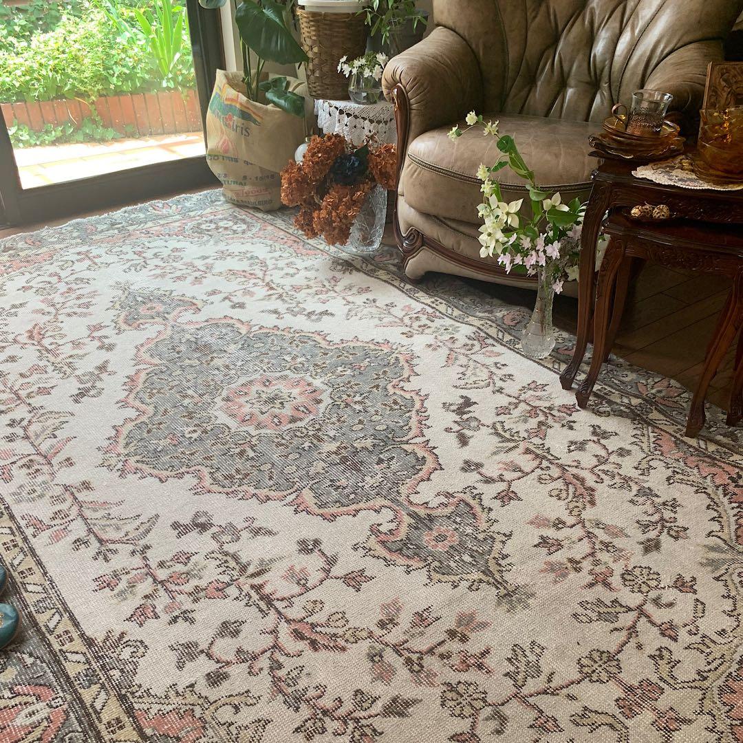 トルコヴィンテージラグ　超大判　272×158 ペールピンク　モスグレーグリーン