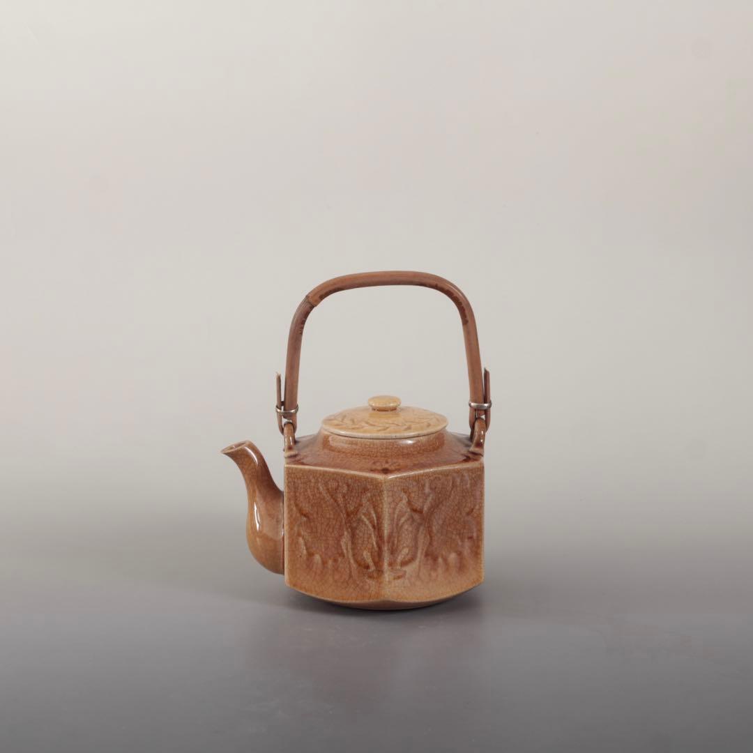 珉平焼 面取 飴釉 六角 急須 古道具 アンティーク 水注