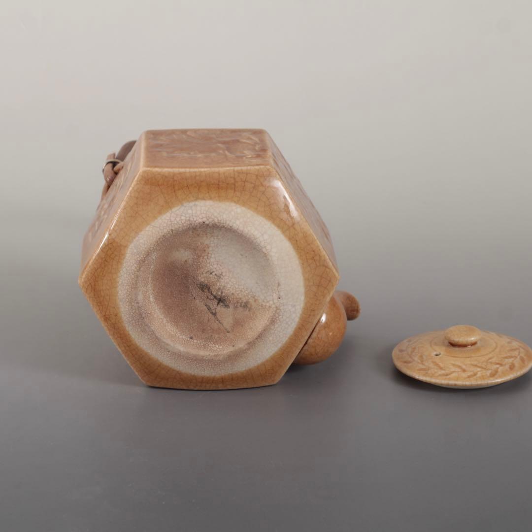 珉平焼 面取 飴釉 六角 急須 古道具 アンティーク 水注