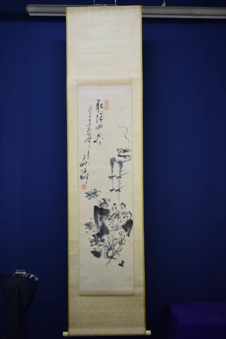 真作/明治の女流南画家/奥原晴湖/花に香画賛/布袋屋掛軸HG-644