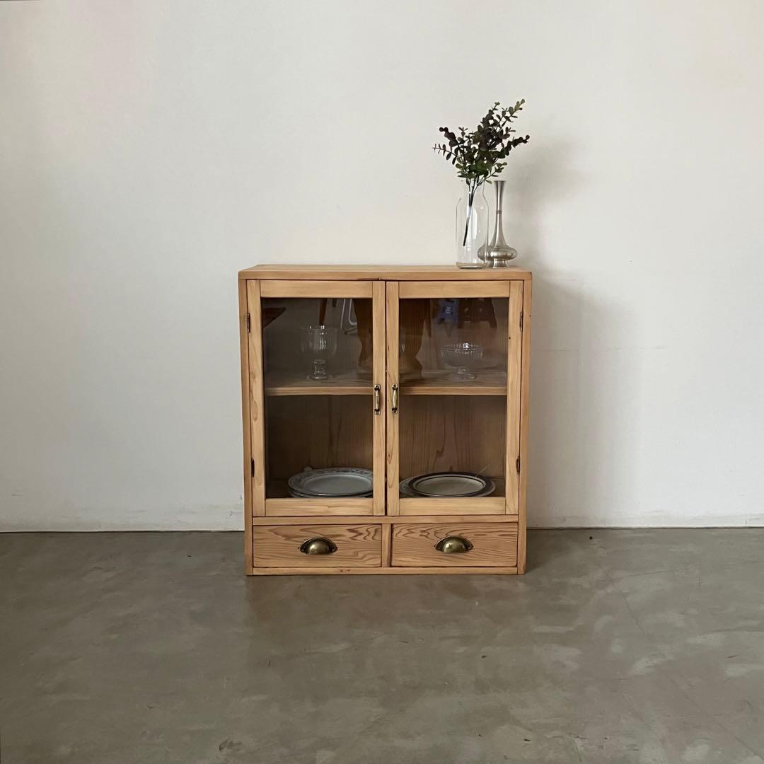 レトロ　アンティーク　古家具　古道具　剥離家具　ストリップド　ガラス棚　シェルフ