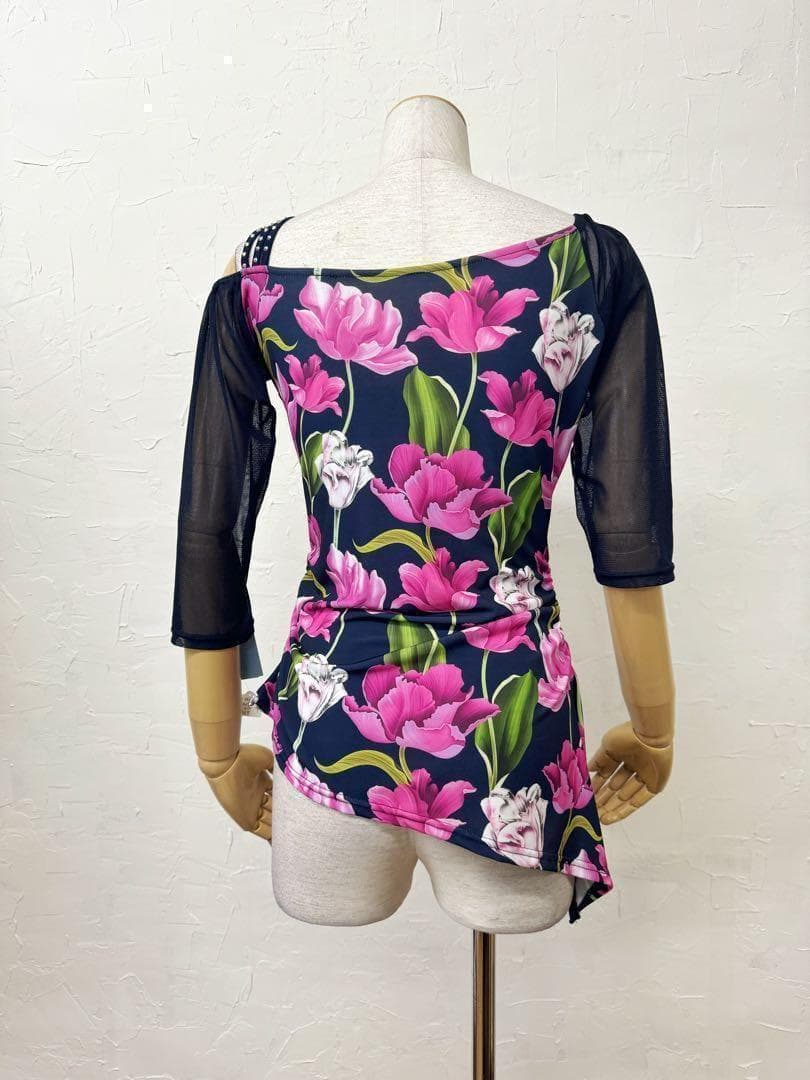 【紺】新品　社交ダンス　ピンク花柄プリント　アシンメトリーカットソーr241