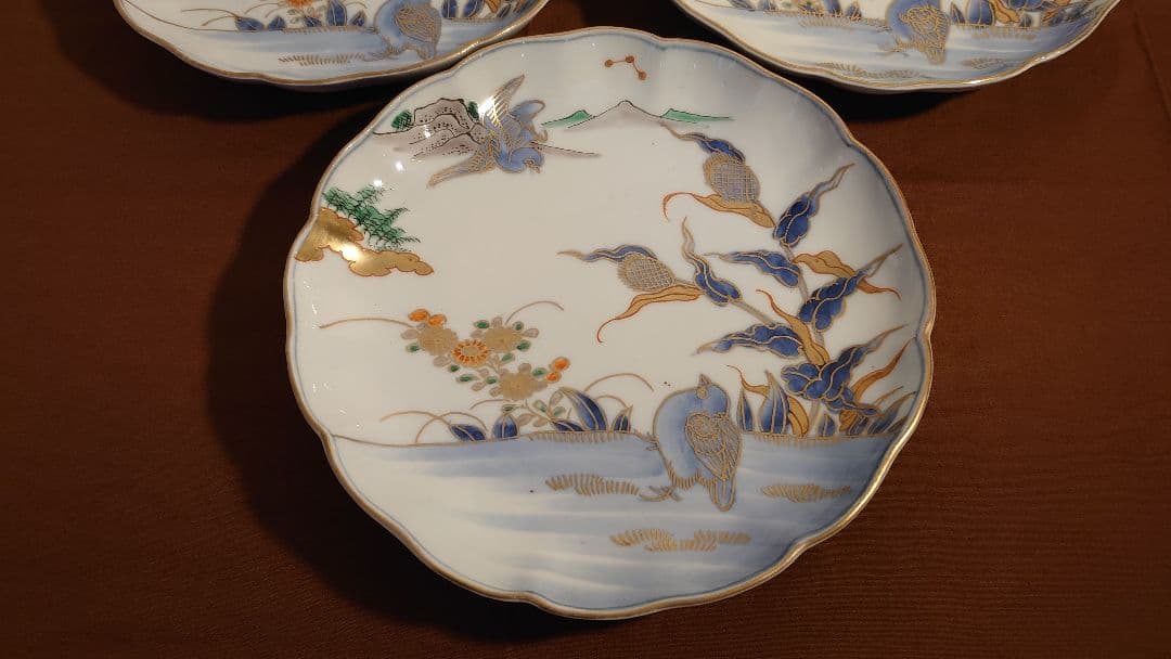 古伊万里　伊万里　色絵　金襴手　中皿　菓子皿　鳥の図　蔵出し　３客