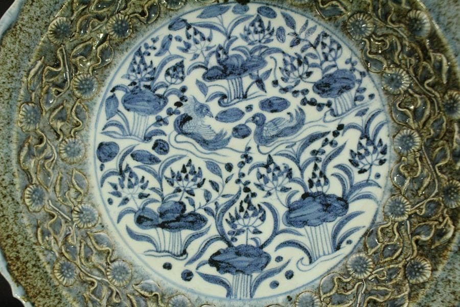 中国美術 纏枝蓮花貼 青華折口皿 φ47cm 美品(ZE727)