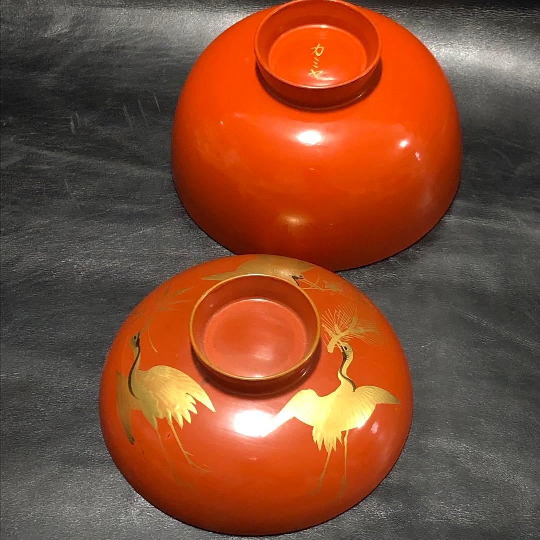 古美術品◆蔵から縁起の良い3羽の鶴が松、竹、梅の華を咥えて優雅に飛ぶ漆塗りのお椀