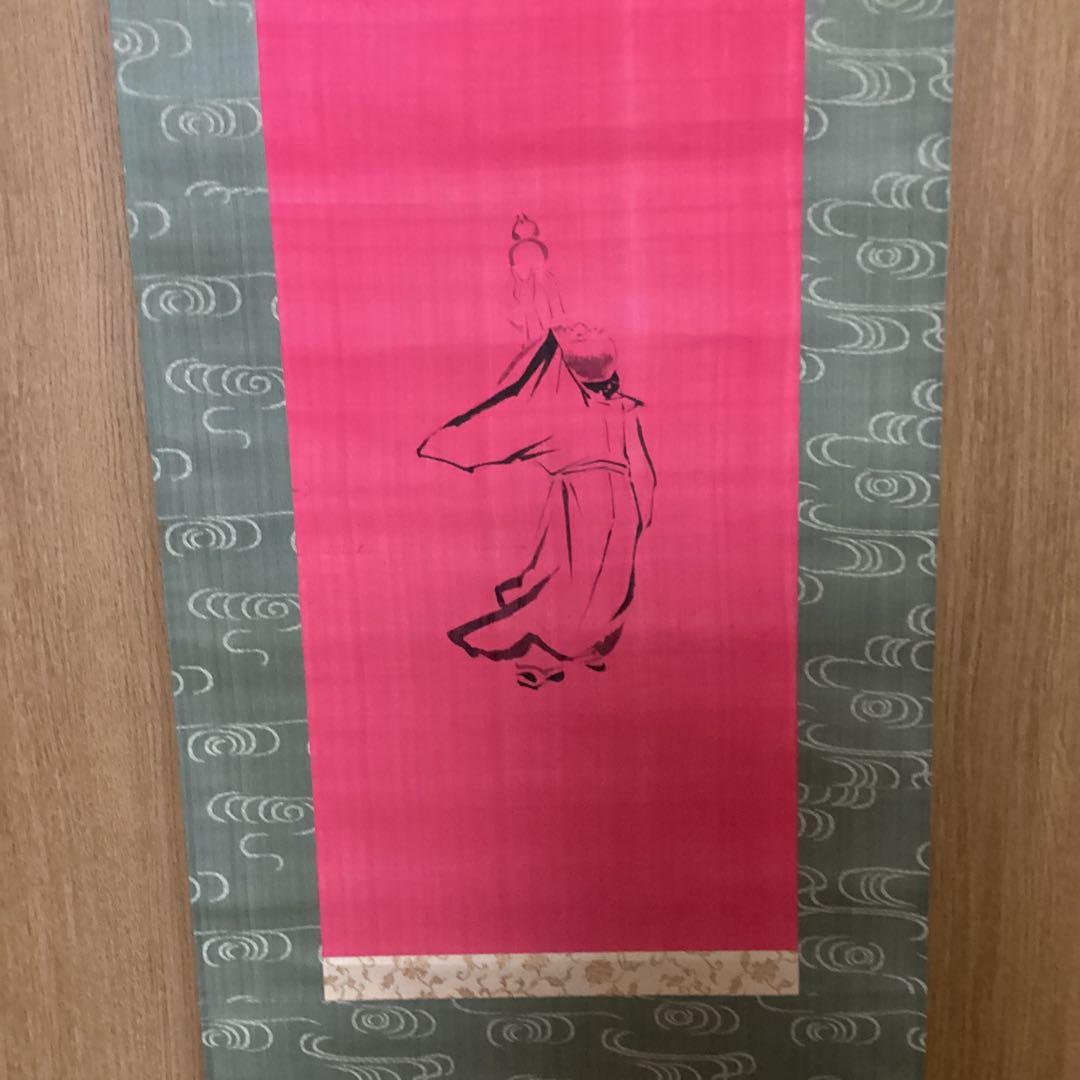 中国画　　肉筆画　【　通玄仙人瓢箪から駒之図　】　朱の絹本下地に水墨　381