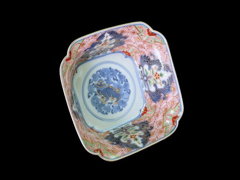 大聖寺古伊万里　菊花四方襷紋に獅子の図　四方角向付　E508AS-CRw