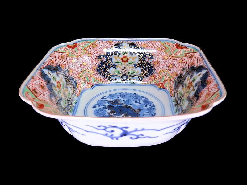 大聖寺古伊万里　菊花四方襷紋に獅子の図　四方角向付　E508AS-CRw