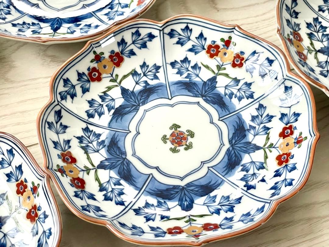 源右衛門 染錦草花文 和菓子皿 是米木窯 10客　染付　共箱