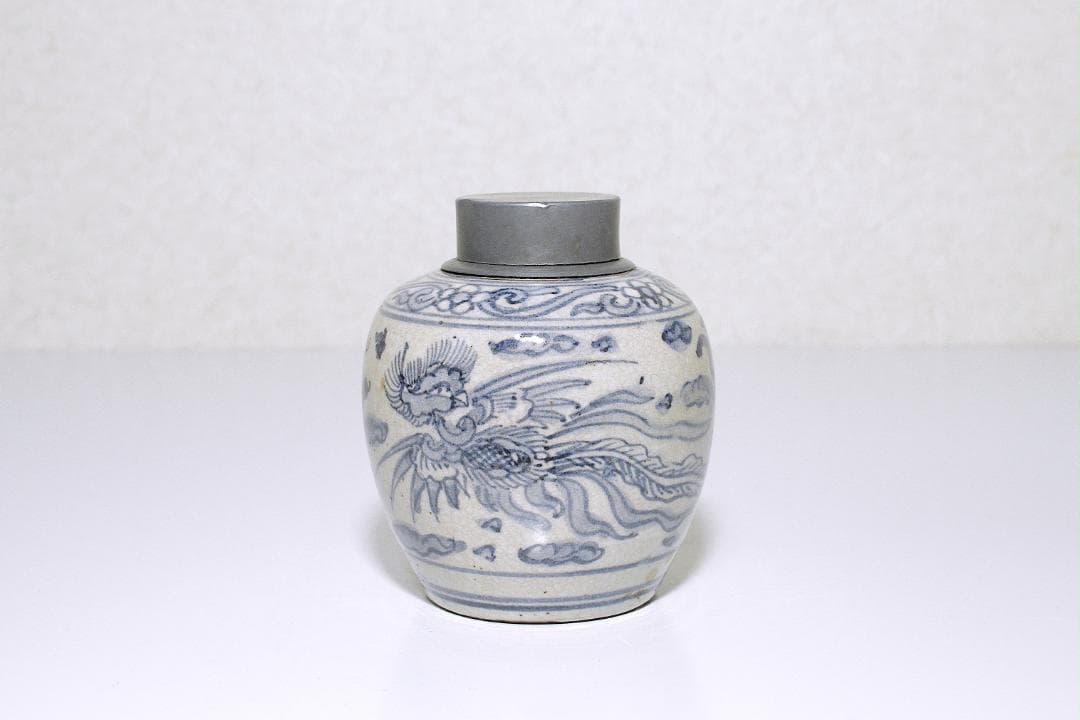 湖東焼 安南呉須 錫口茶入 [鳳凰・桐・雲気文]