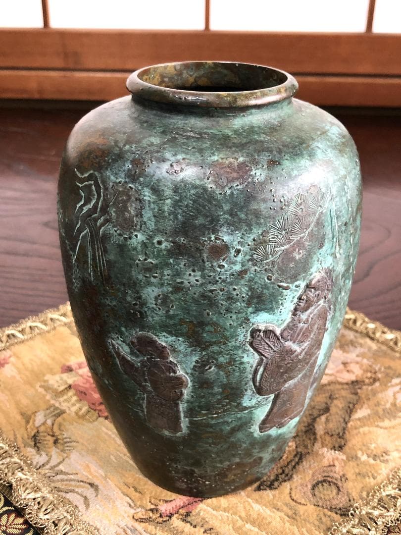 【 高肉象嵌銅壺 】　 高士唐子図　中華古玩