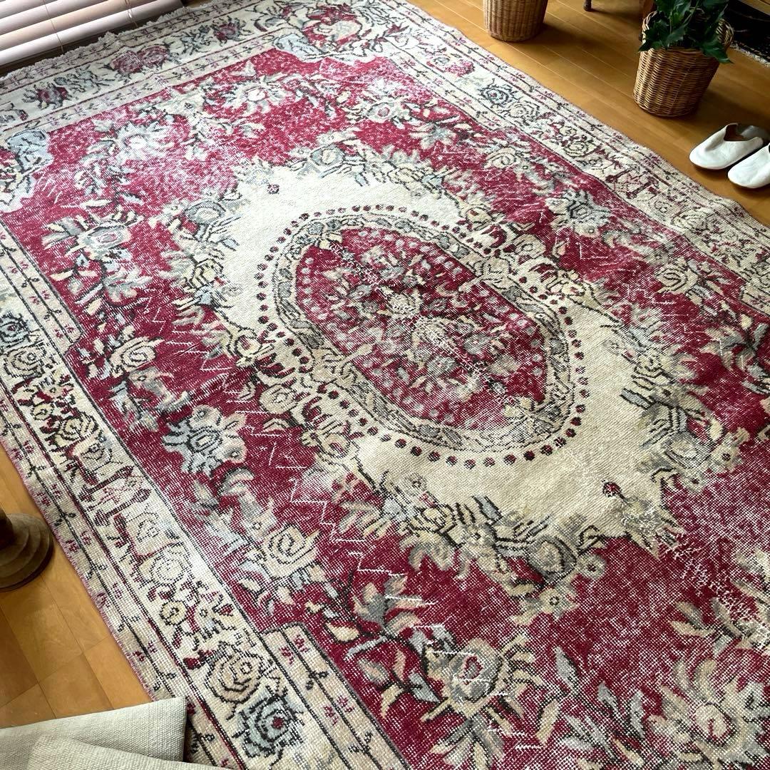 超大判168×290 メダリオン　くすみレッド　ボタニカルトルコヴィンテージラグ