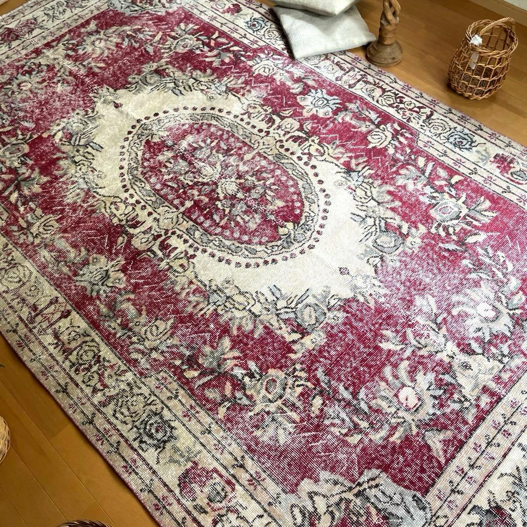 超大判168×290 メダリオン　くすみレッド　ボタニカルトルコヴィンテージラグ