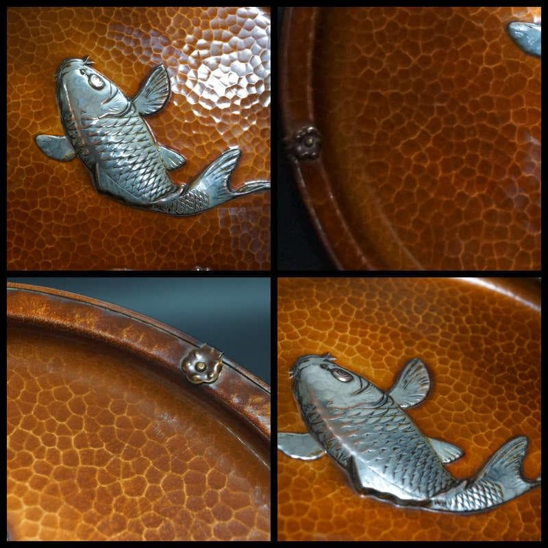 銅蟲 銅製金槌目打 銀象嵌 『波に鯉図』 大皿 飾り皿 茶道具 径22.5cm