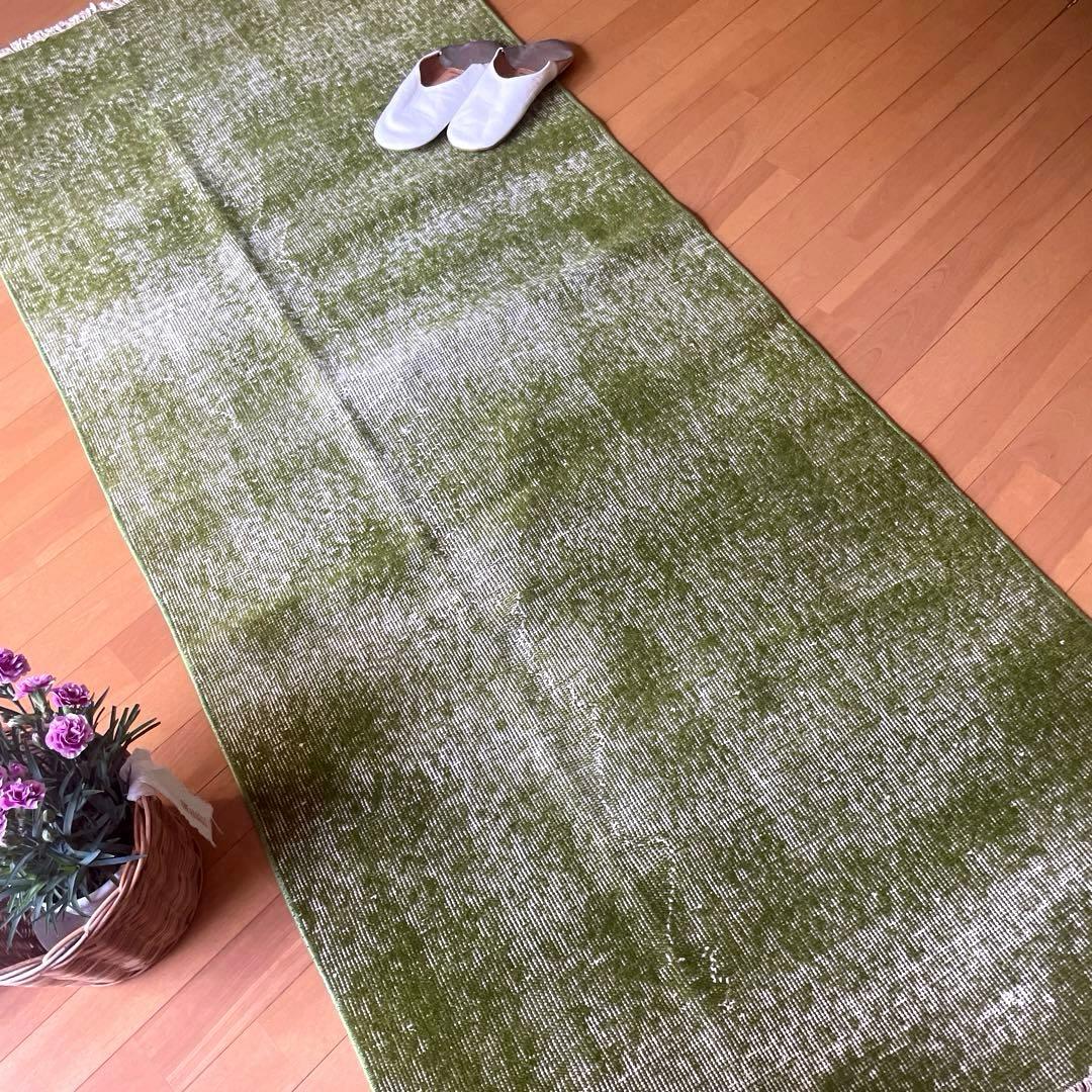 86×209抹茶グリーン　ワンカラーオーバーダイ　匂いありトルコヴィンテージラグ
